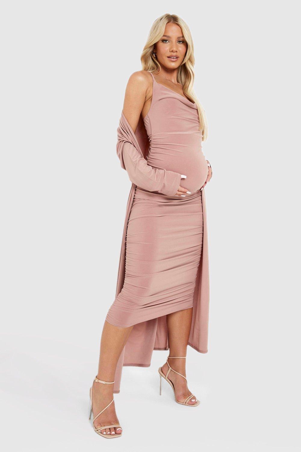 Maternity Strappy Cowl Neck Dress And Duster Coat