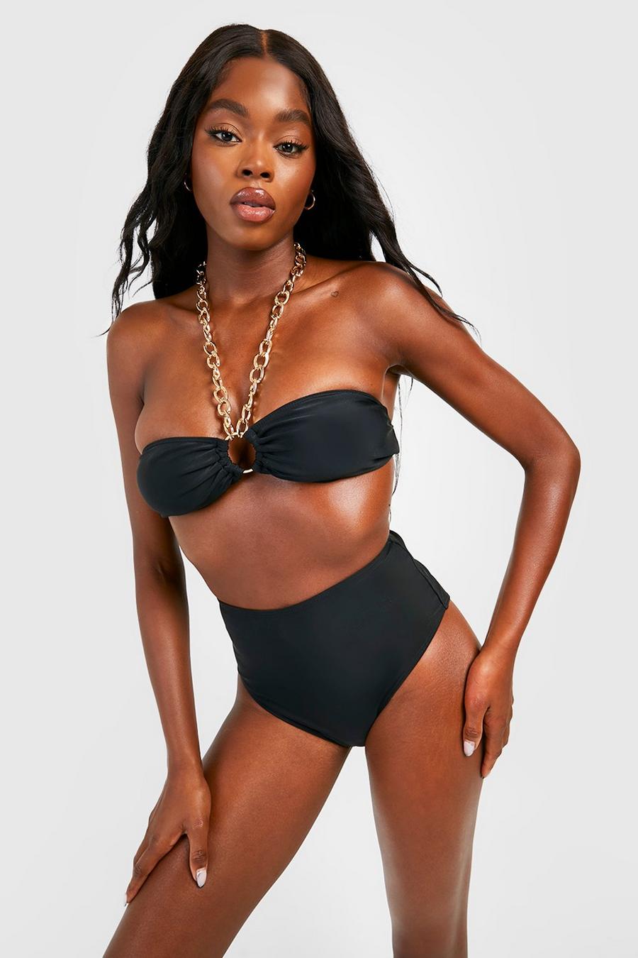 Set bikini a fascia con anello e catena, Black image number 1