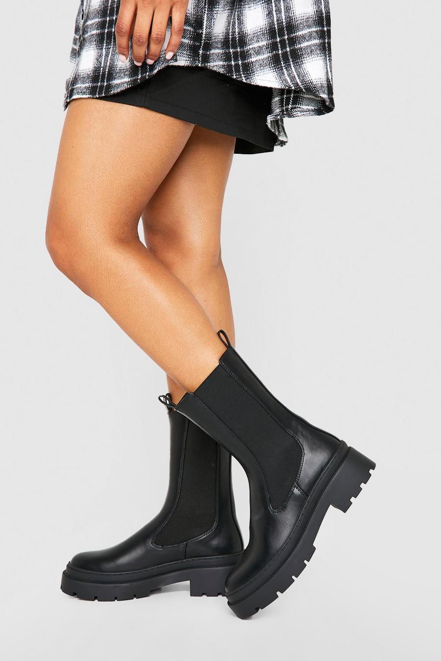 Black Double Tab Calf Height Chunky Chelsea Boots