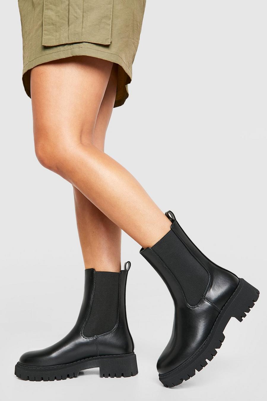 Black Tab Detail Chunky Chelsea Boots
