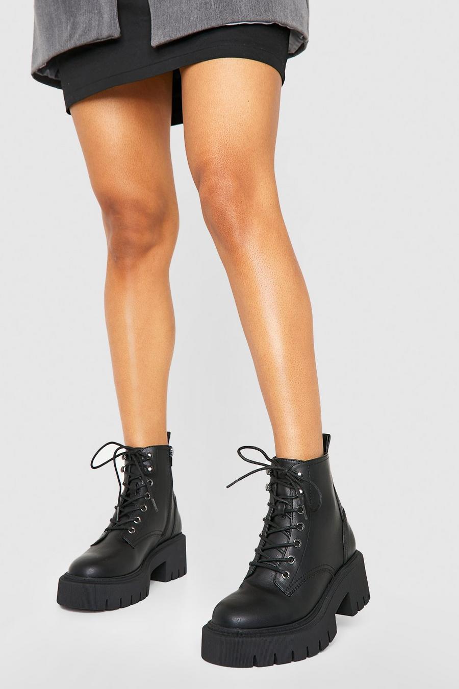 Black Tab Detail Chunky Lace Up Combat Boots image number 1