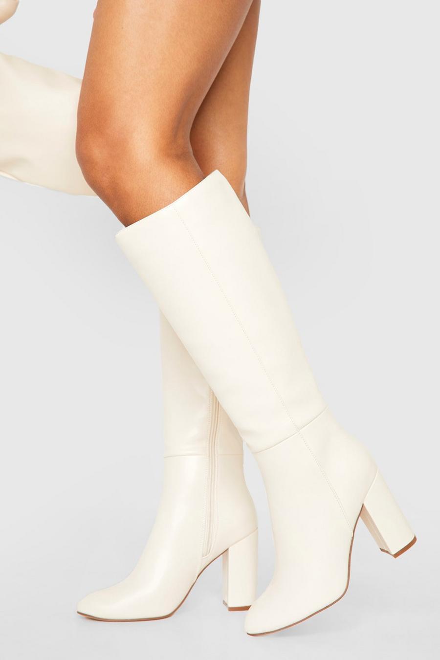 Cream white Knee High Block Heel Boots