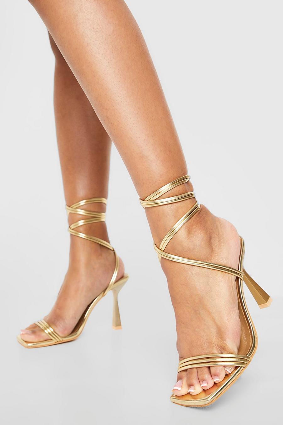 Gold metallizzato Triple Strap Wrap Up High Heels