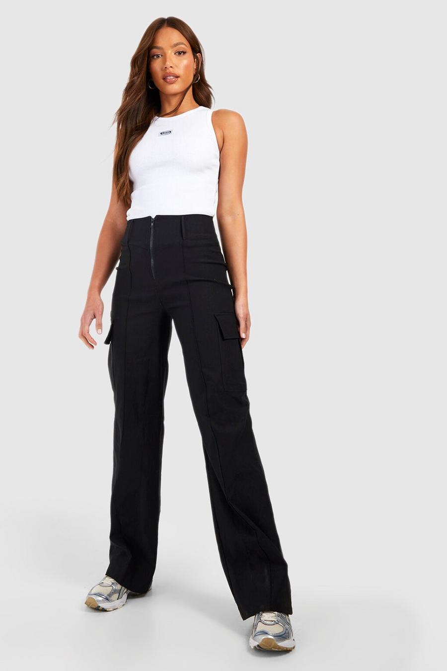 Black Tall Stretch High Waisted Straight Cargo Trousers