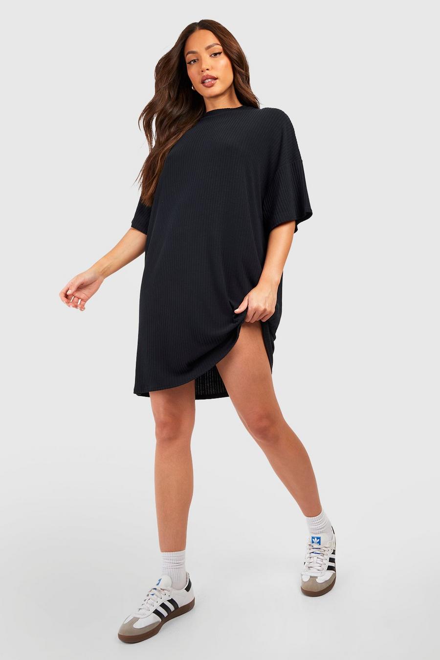 Tall langärmliges geripptes weiches T-Shirt-Kleid, Black image number 1
