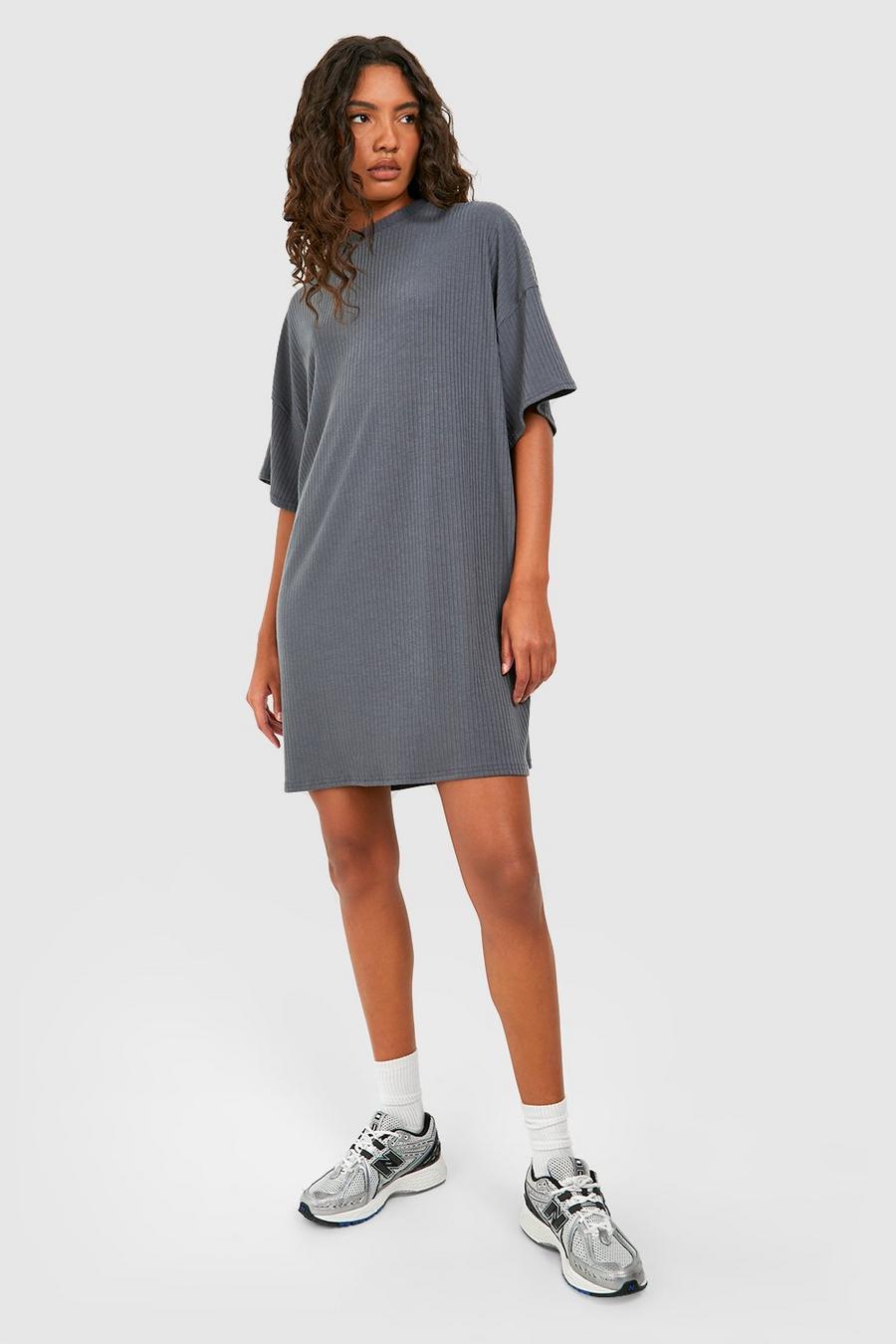 Tall langärmliges geripptes weiches T-Shirt-Kleid, Charcoal