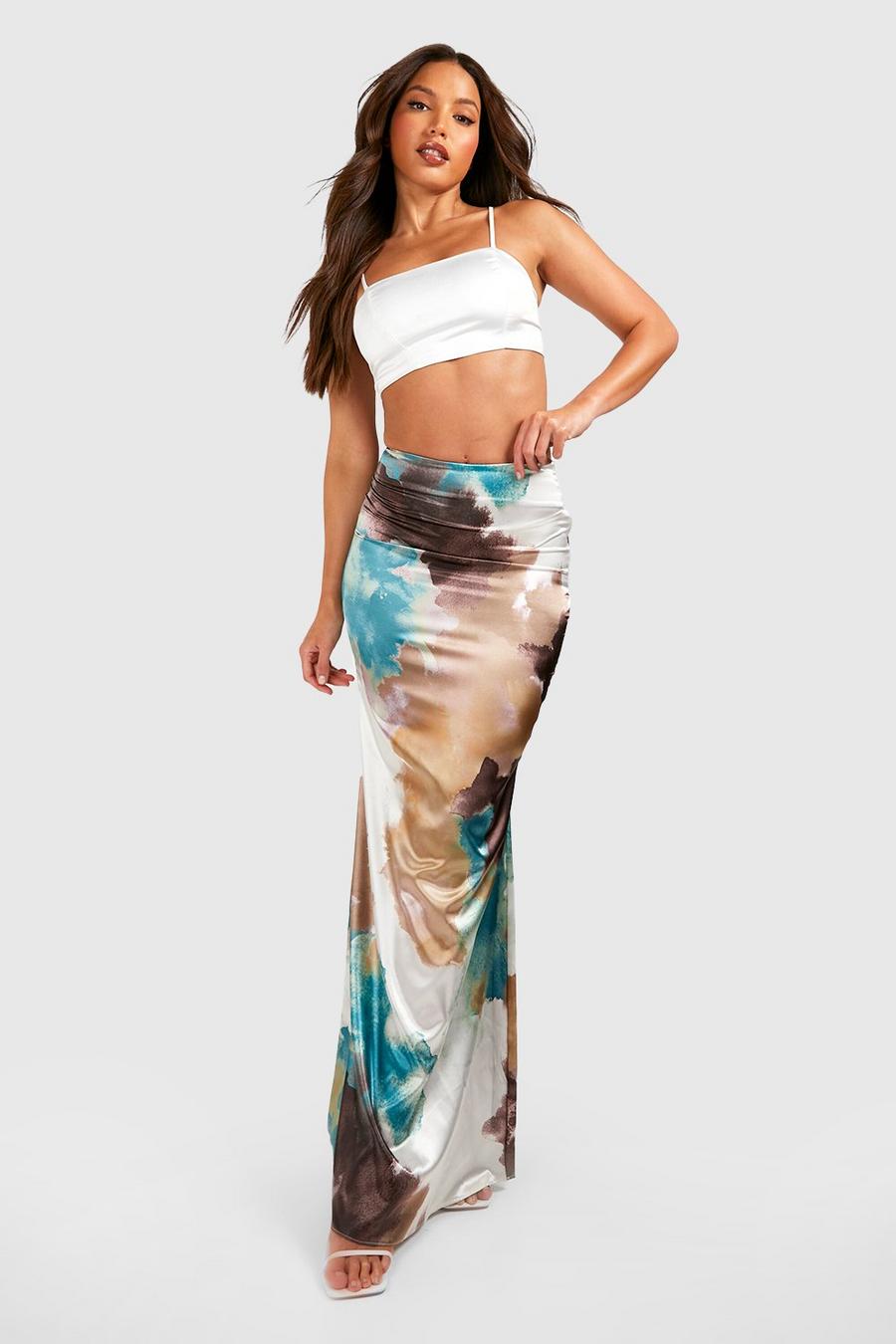 Gonna maxi pull-on Tall in raso in fantasia tie dye, Stone image number 1