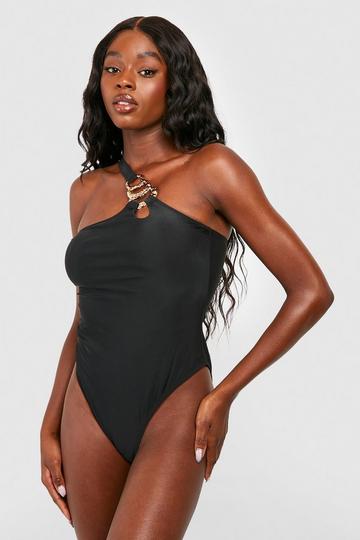 Gold Ring Trim One Shoulder Swimsuit black