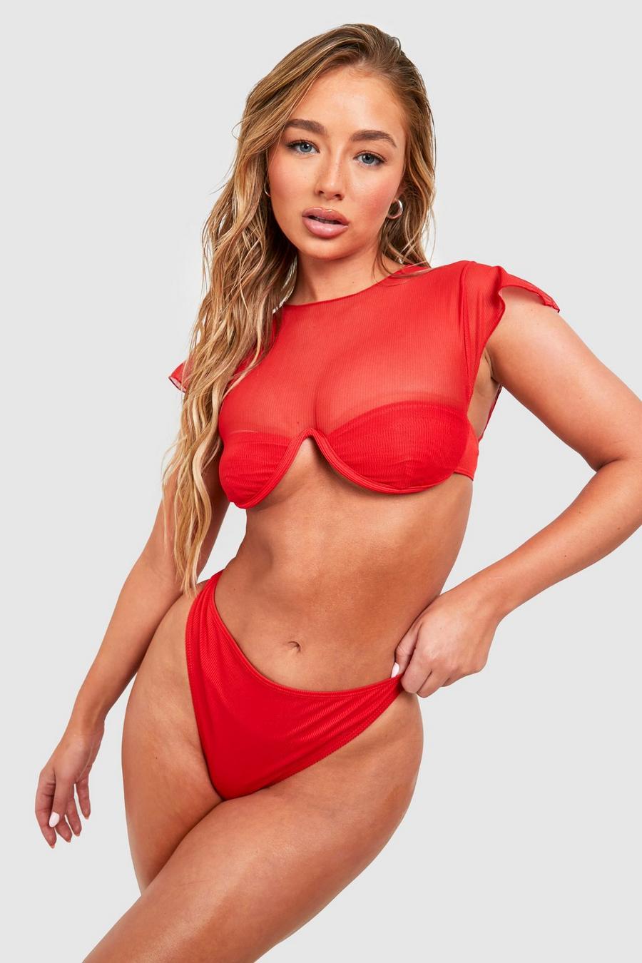 Red Textured Mesh Overlay Underwired Bikini Top image number 1