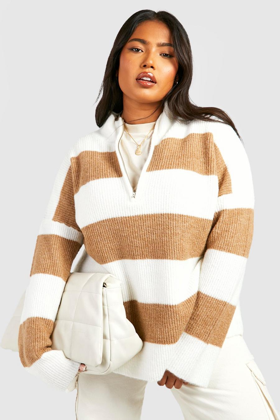 Oversized Half-zip Sweater - Beige/striped - Ladies