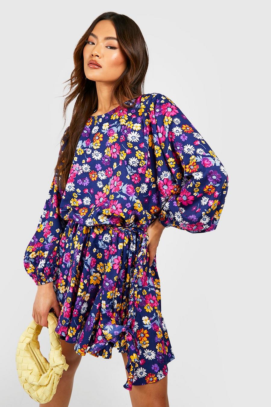 Navy Tall Pleated Puff Sleeve Floral Maxi Dress