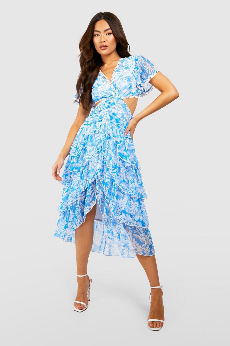 Blue Palm Print Cut Out Ruffle Midi Dress