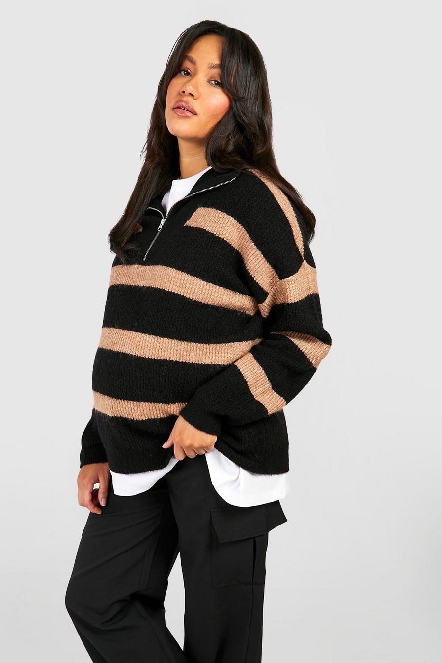 Black Maternity Stripe Half Zip Sweater image number 1