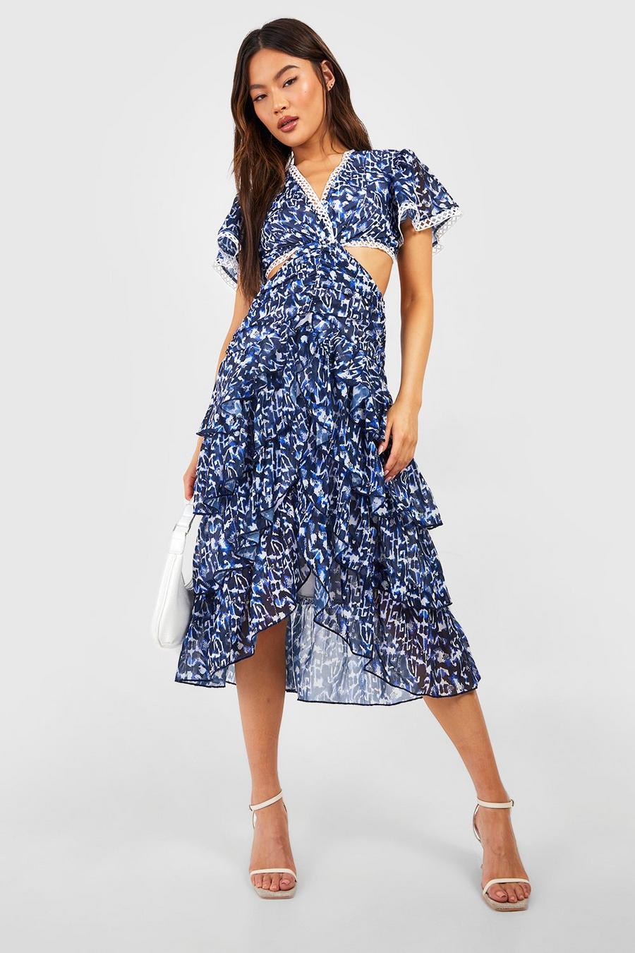 Blue Printed Cut Out Ruffle Midi Dress
