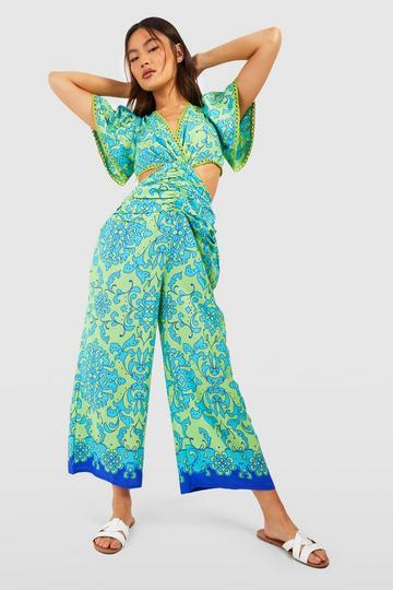 Green Paisley Print Cut Out Jumpsuit