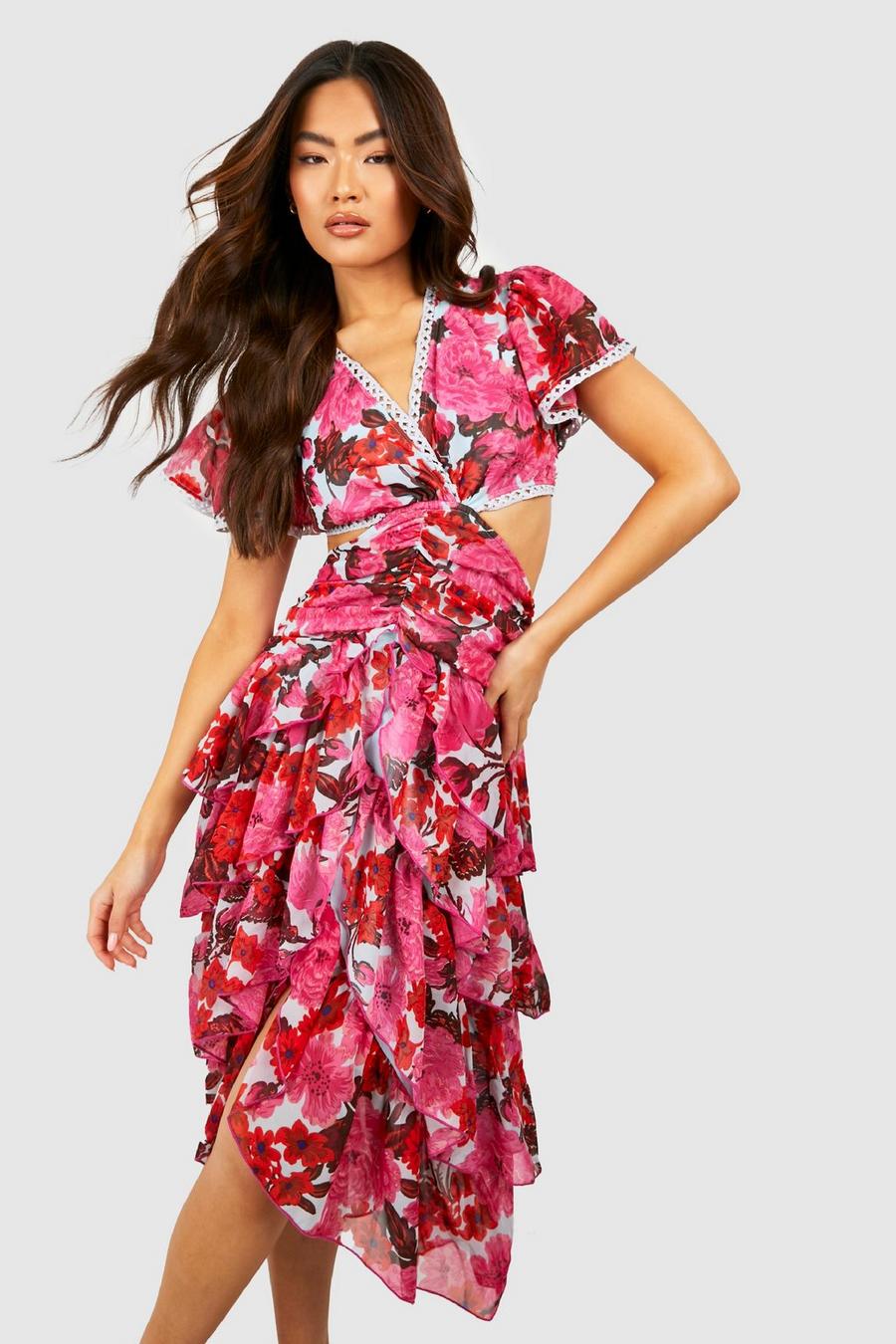 Pink Floral Cut Out Ruffle Midi Dress