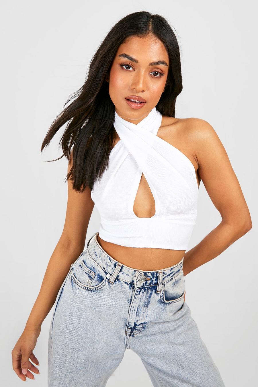 White Petite Textured Cross Front Crop Top image number 1