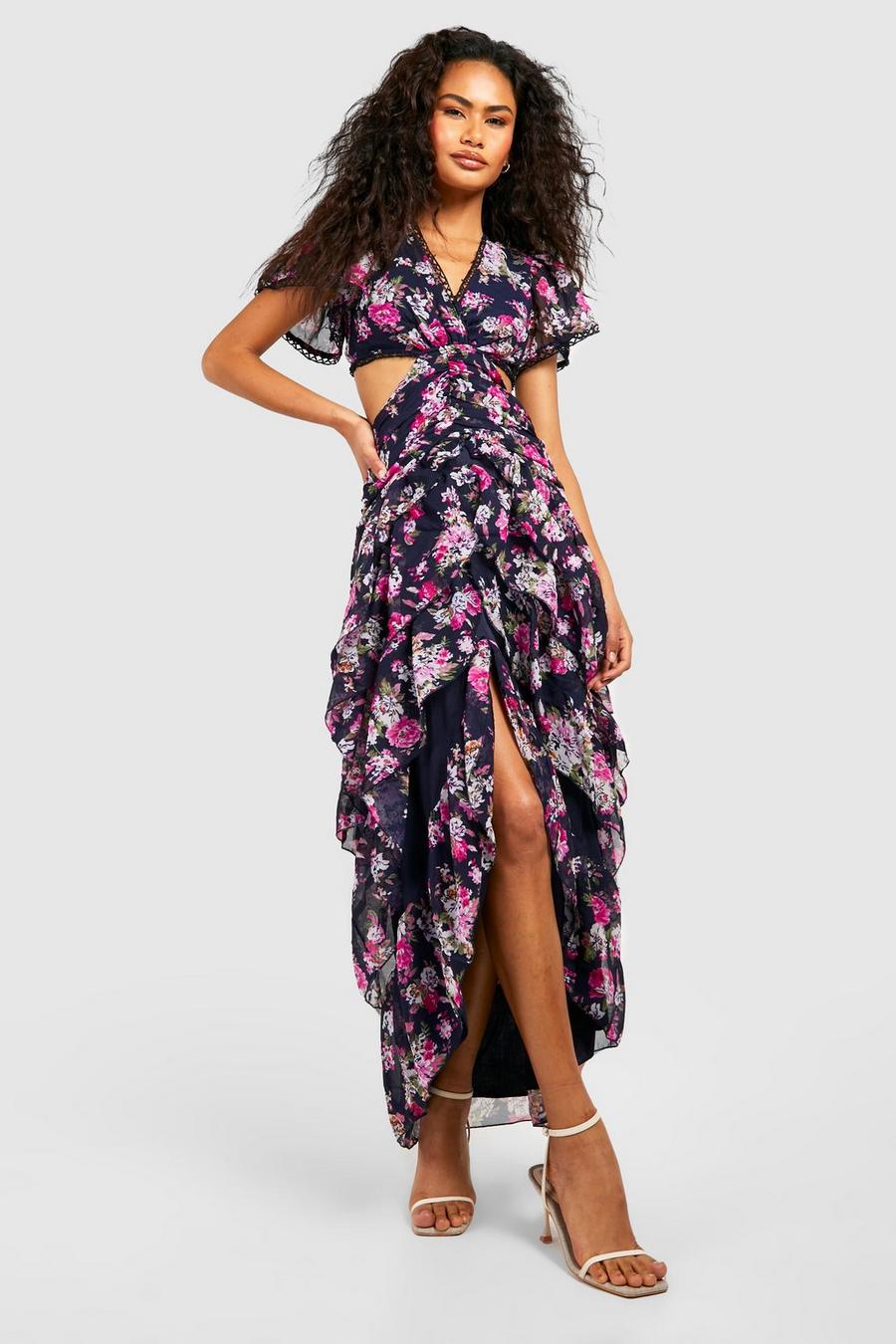 Navy Floral Print Cut Out Midi Dress image number 1
