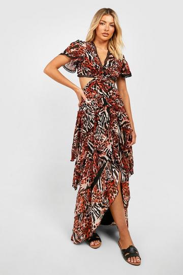 Brown Animal Print Cut Out Midi Dress