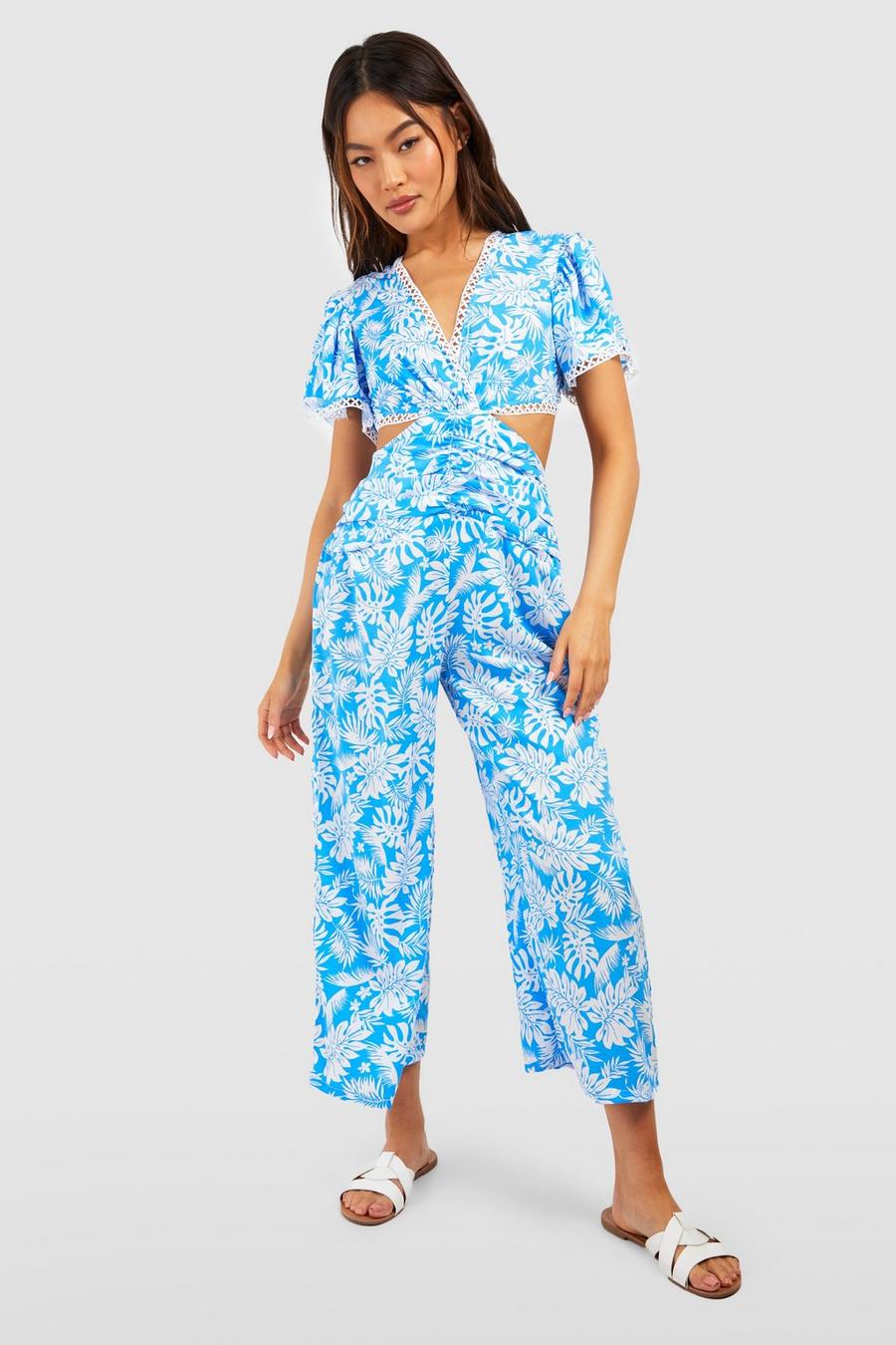 Blue Palm Print Jumpsuit Met Uitsnijding image number 1