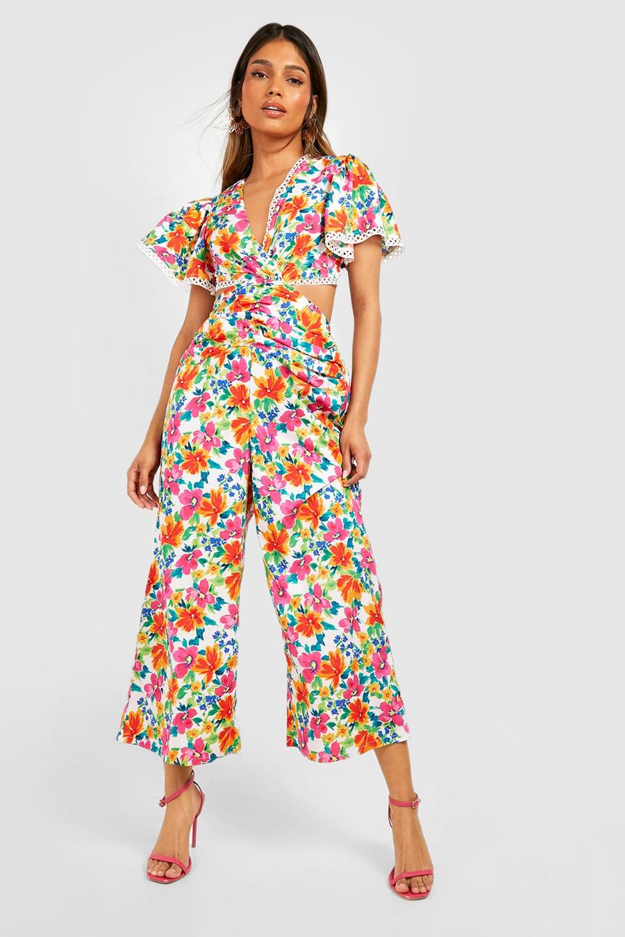 White Floral Print Cut Out Jumpsuit image number 1