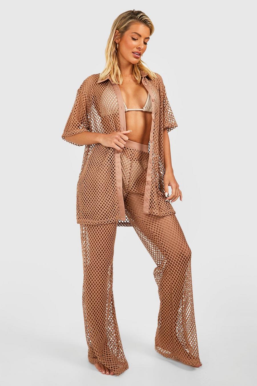 Chocolate Fishnet Flared Beach Pants image number 1
