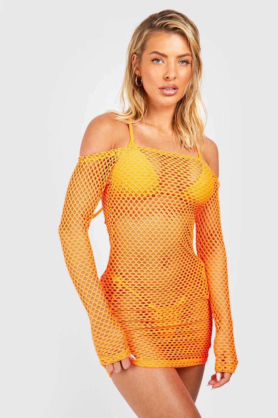 Orange Fishnet Off Shoulder Strand Cover Up Mini Jurk