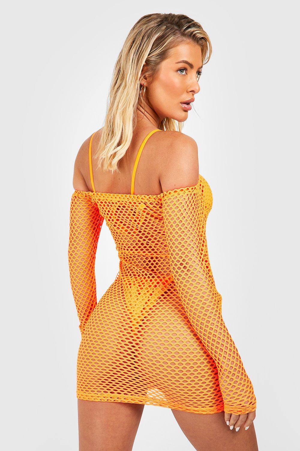 Women's Fishnet Bardot Beach Cover Up Mini Dress