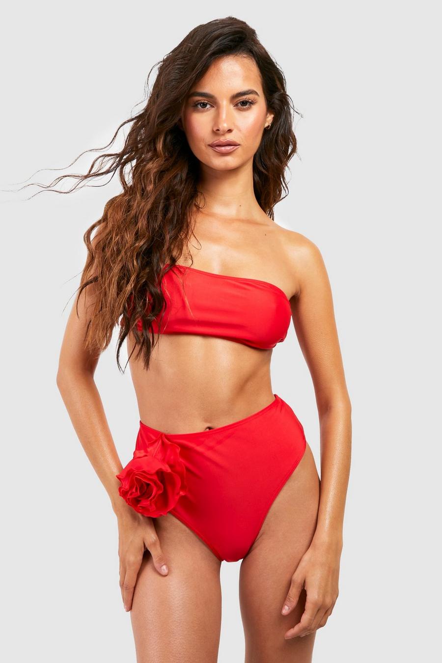 Bandeau-Bikini mit hohem Bund und Rose, Red