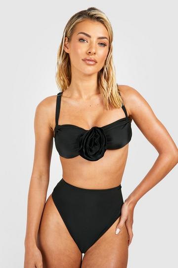 Rose Corsage Strappy Padded Bikini Set black