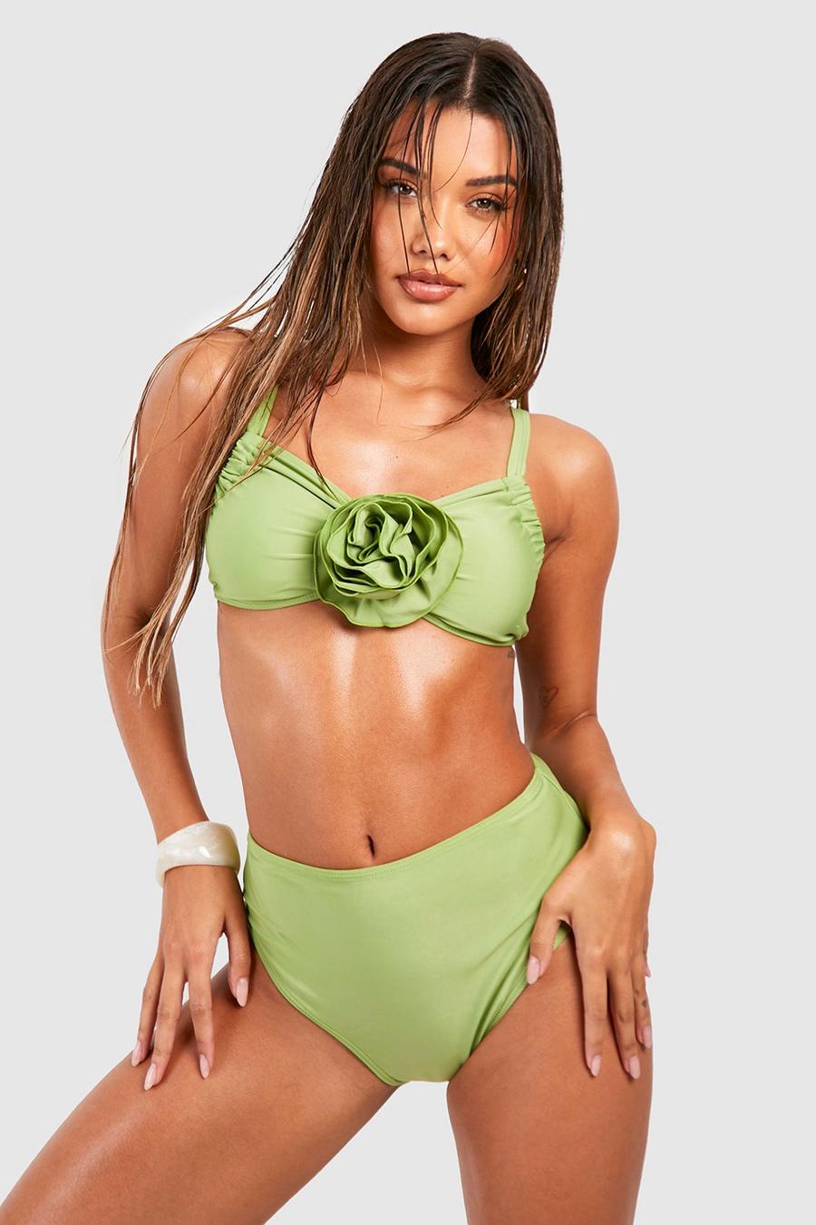 Olive green Rose Corsage Strappy Padded Bikini Set