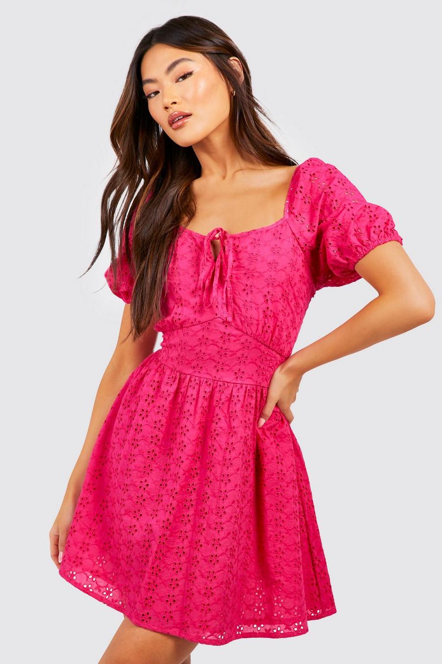 Hot pink Broderie Mini Skater Dress image number 1
