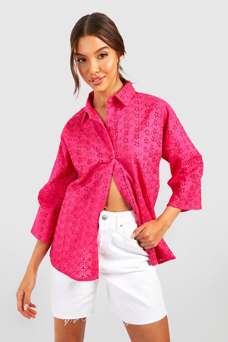 Lochmuster-Hemd mit Knopfleiste, Hot pink image number 1