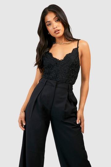 Petite Premium Scallop Edge Strappy Lace Bodysuit black