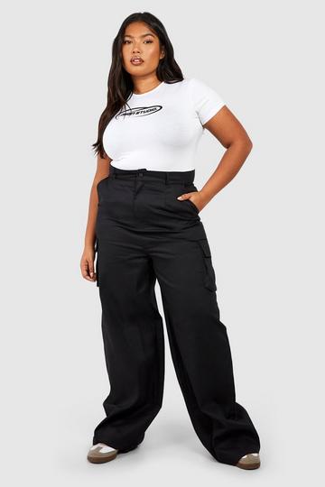 Plus Twill Belted Wide Leg Cargo Pants black