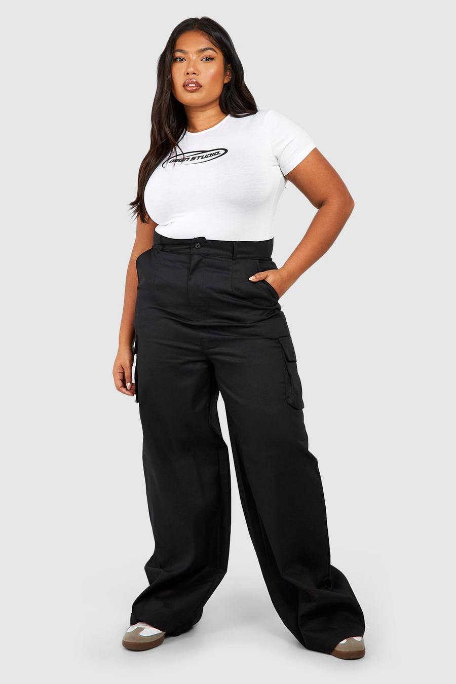 Pantaloni Cargo Plus Size a gamba ampia in twill con cintura, Black image number 1