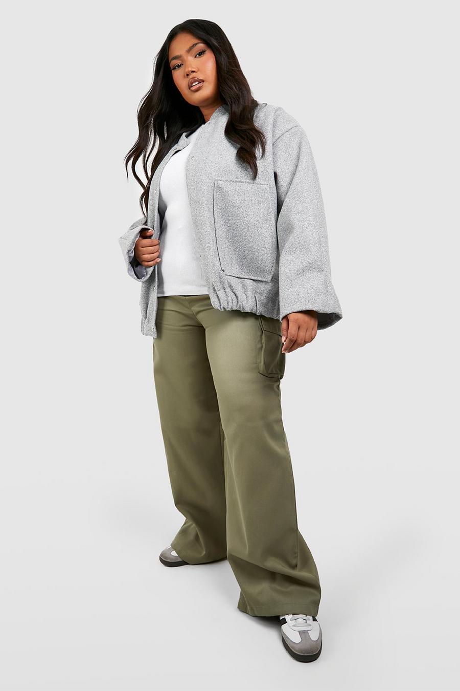 Pantaloni Cargo Plus Size a gamba ampia in twill con cintura, Olive