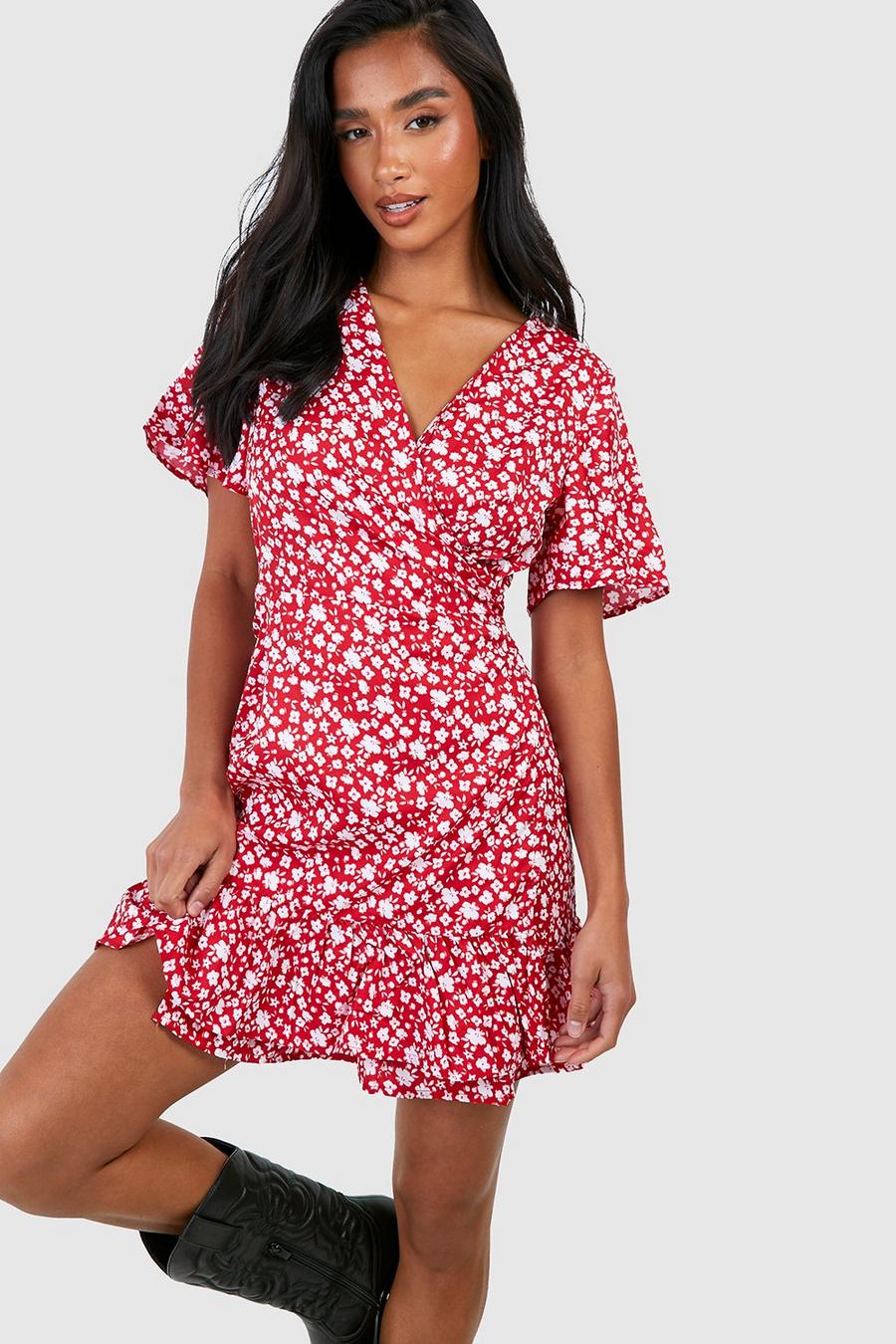 Red Petite Woven Floral Print Wrap Tea Dress image number 1