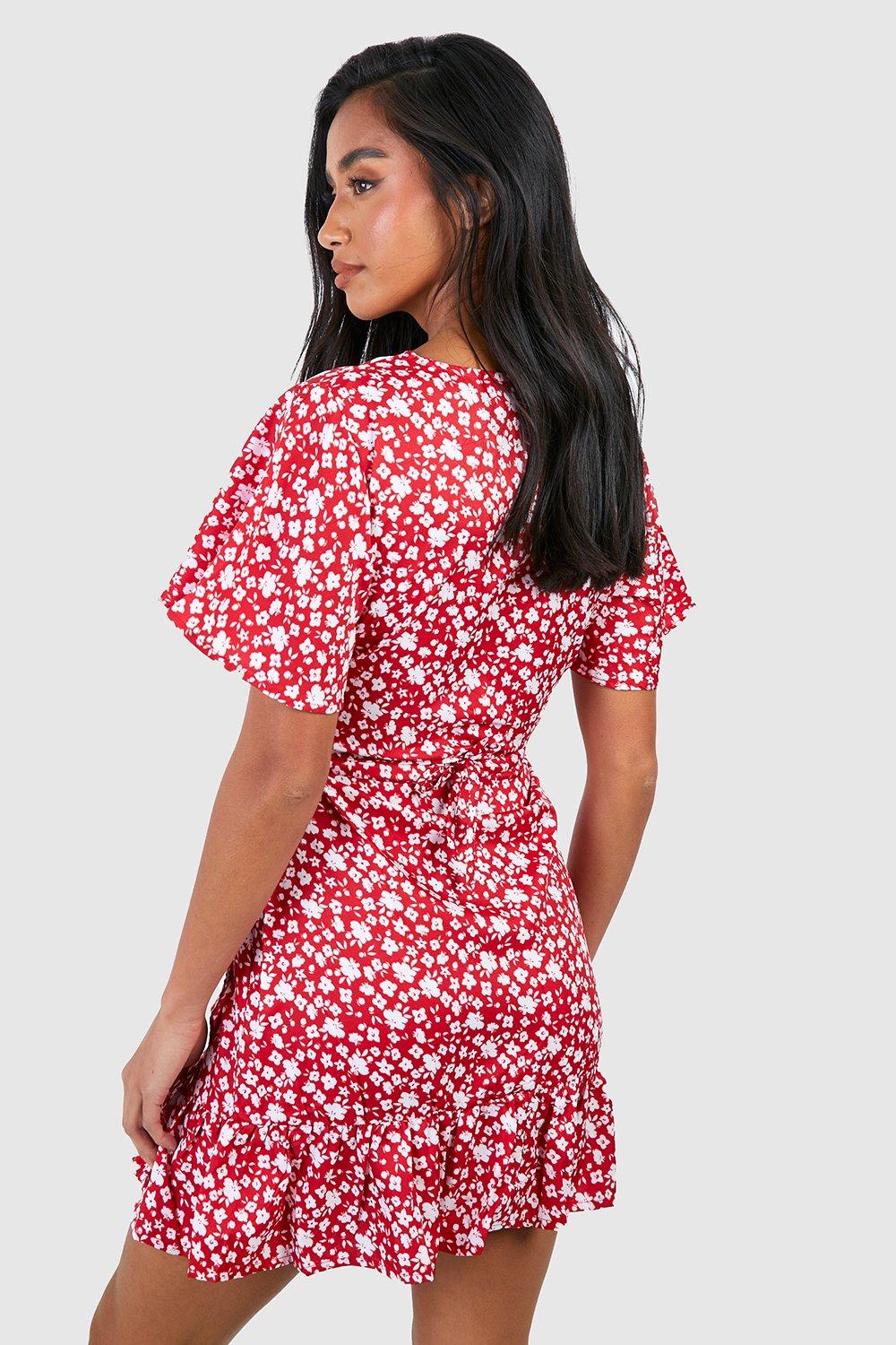 Petite Woven Floral Print Wrap Tea Dress boohoo