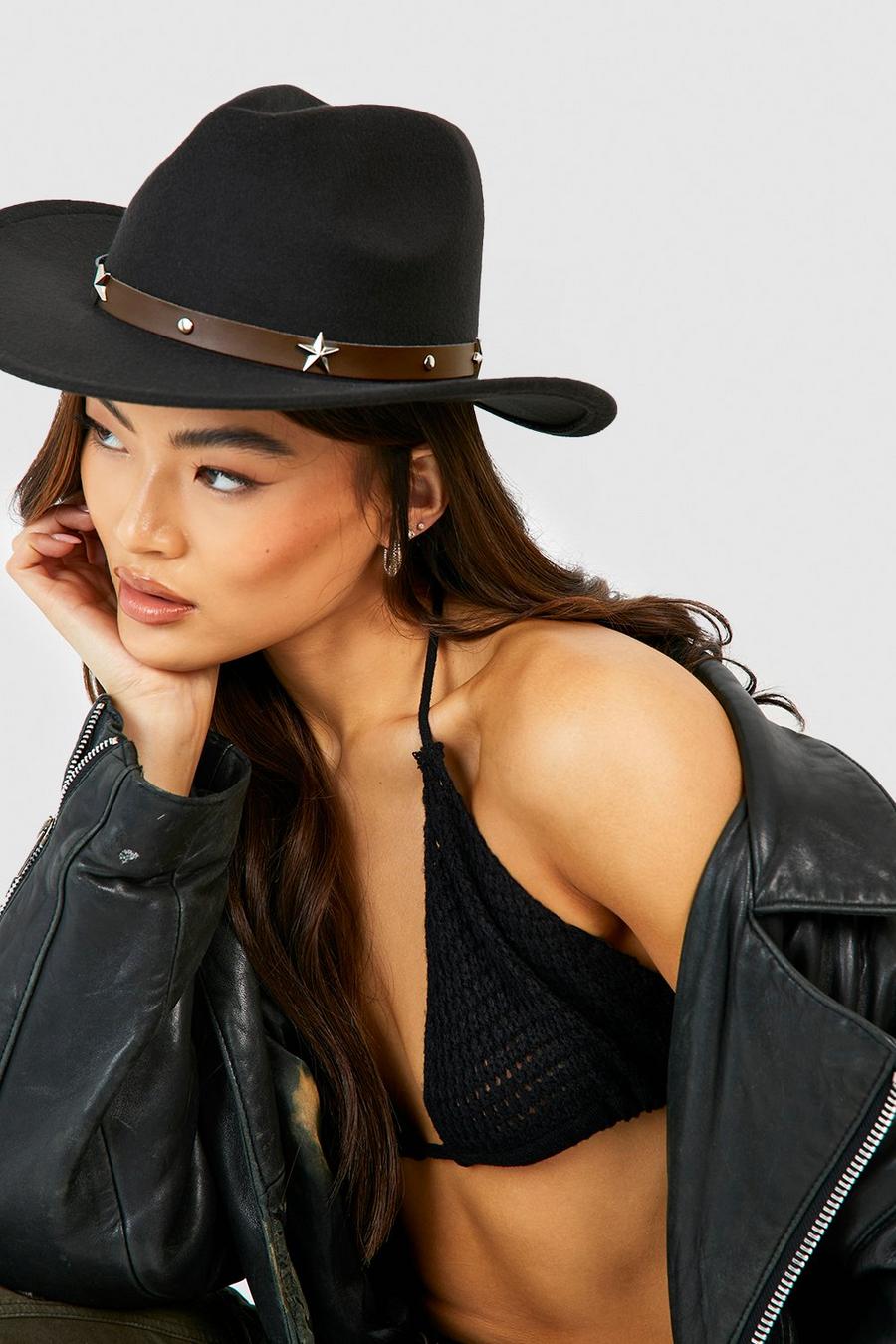 Sombrero de vaquero estilo Western con tachuelas y estrellas negras, Black image number 1