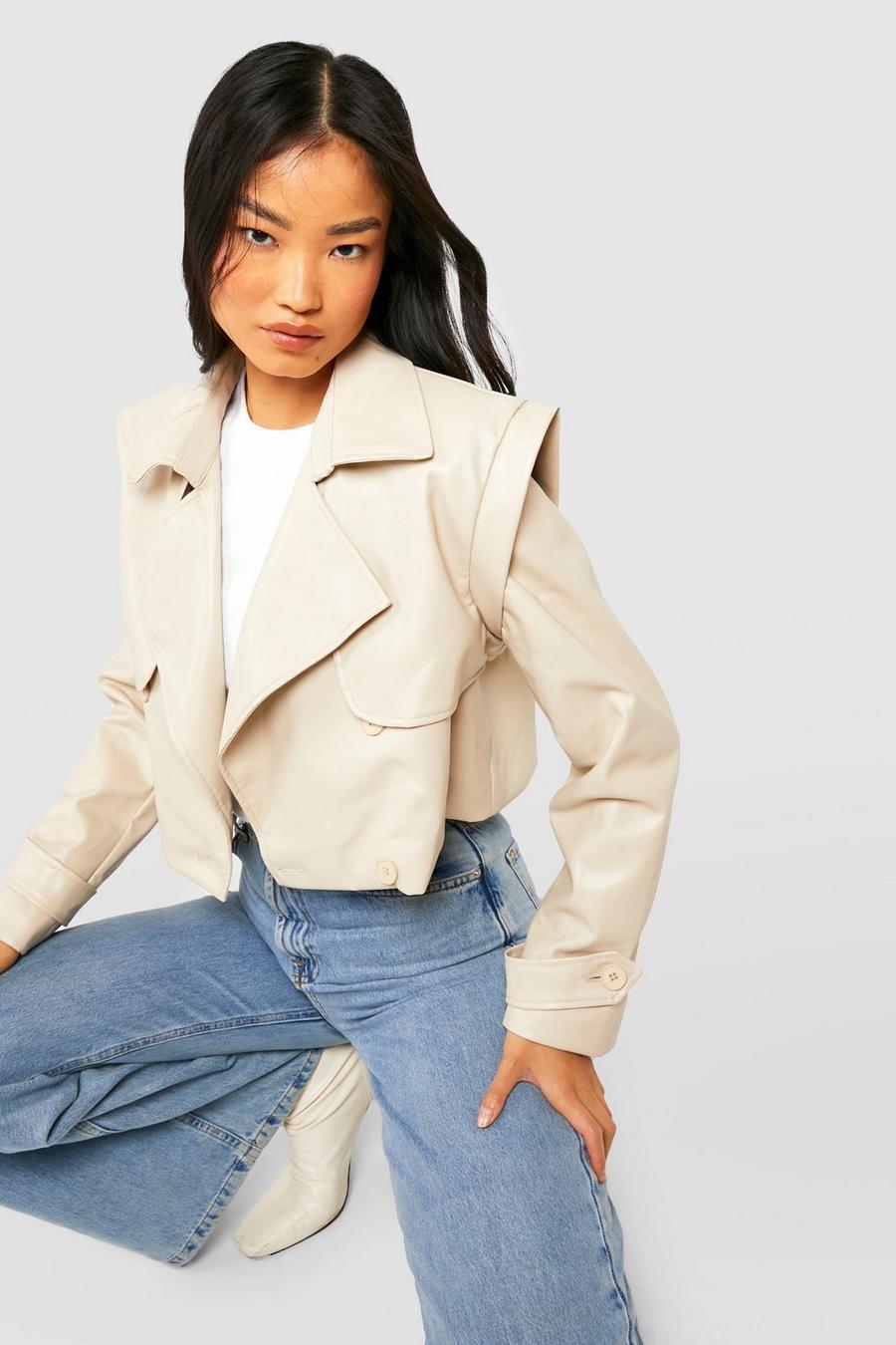 Ecru bianco Faux Leather Short Trench