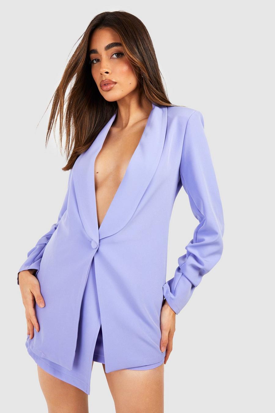 Lilac purple Basic Woven Ruched Sleeve Plunge Lapel Blazer
