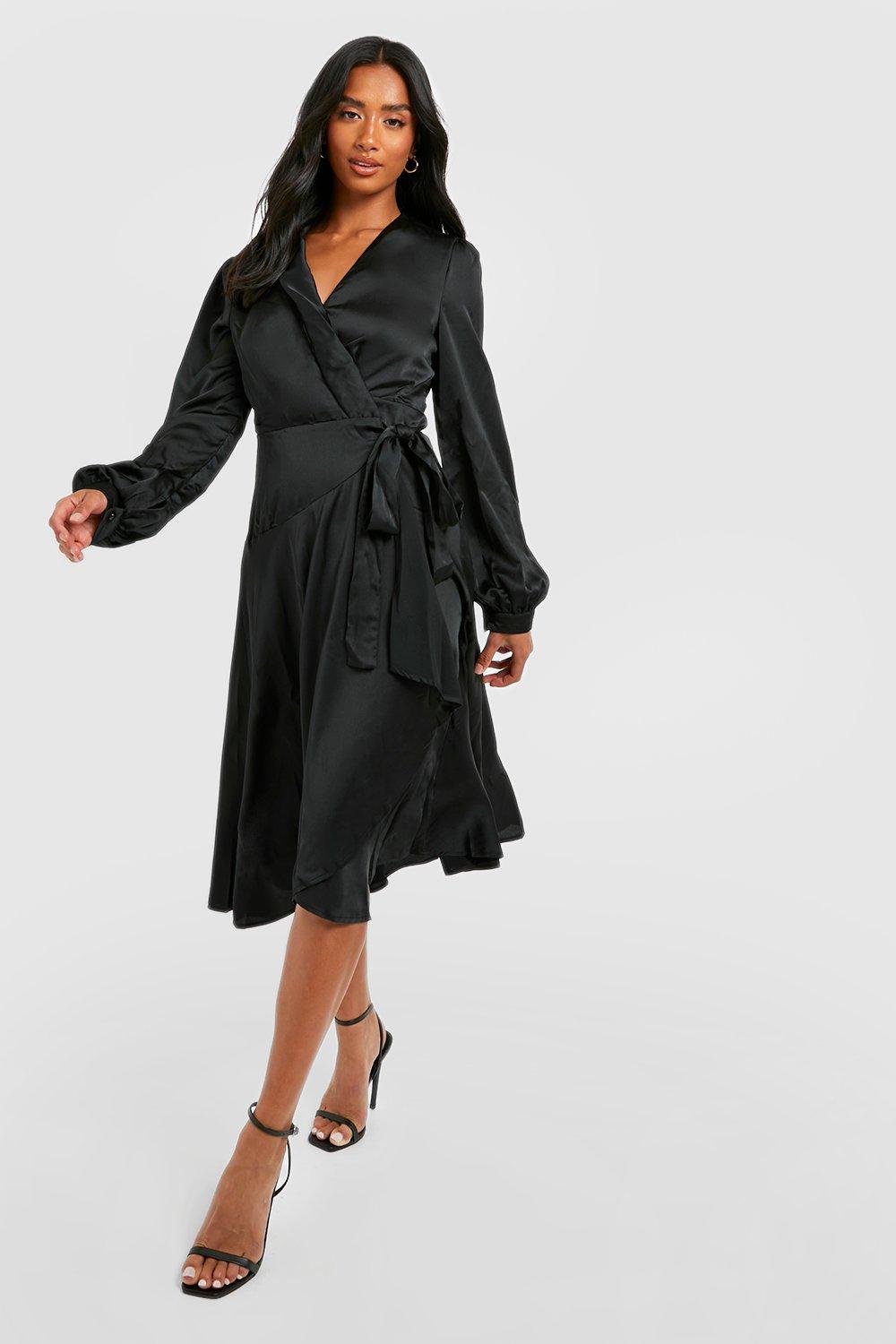 Petite Black Satin Wrap Detail Maxi Dress