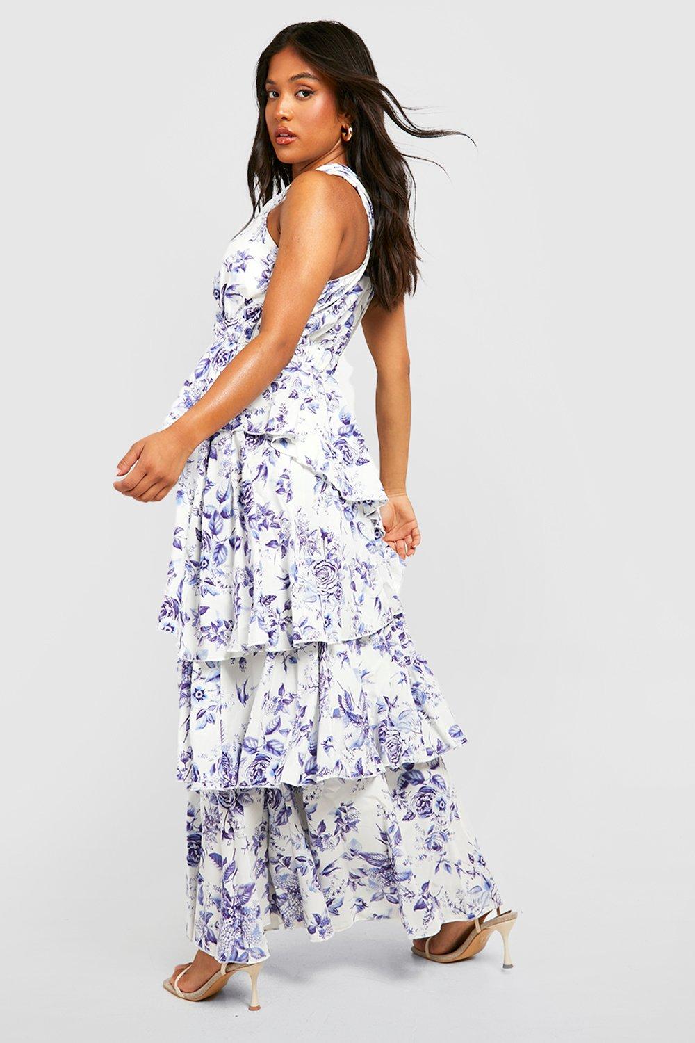 Blue Printed Tiered Long Dress