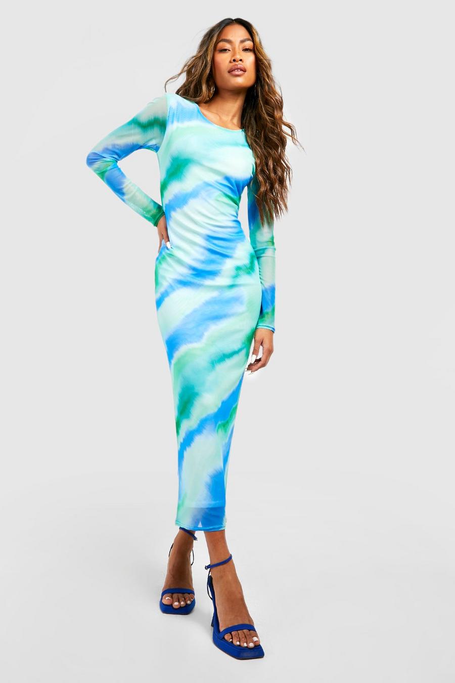Blue Abstract Mesh Midaxi Dress image number 1