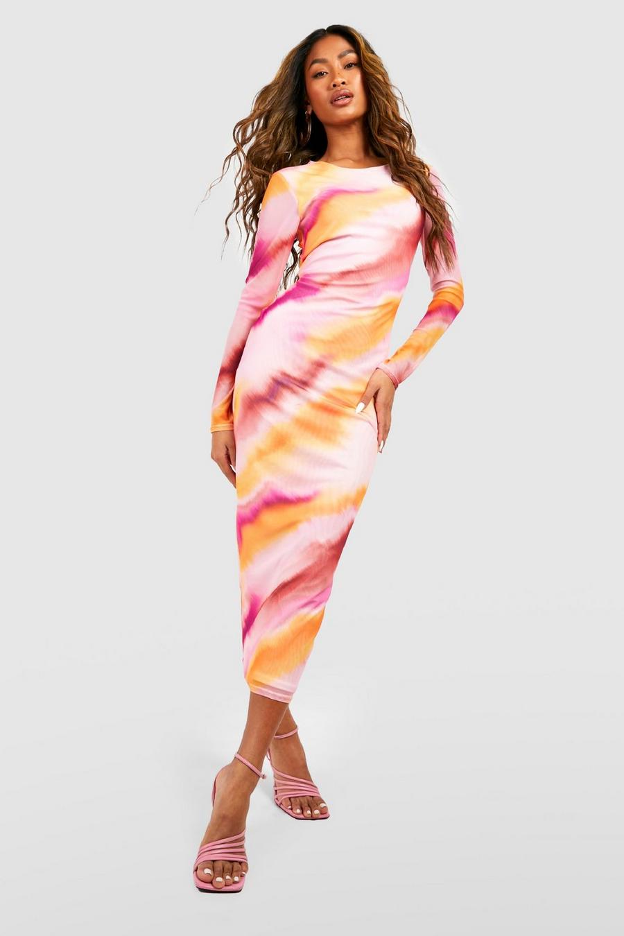 Robe longue en mesh à imprimé abstrait, Pink image number 1