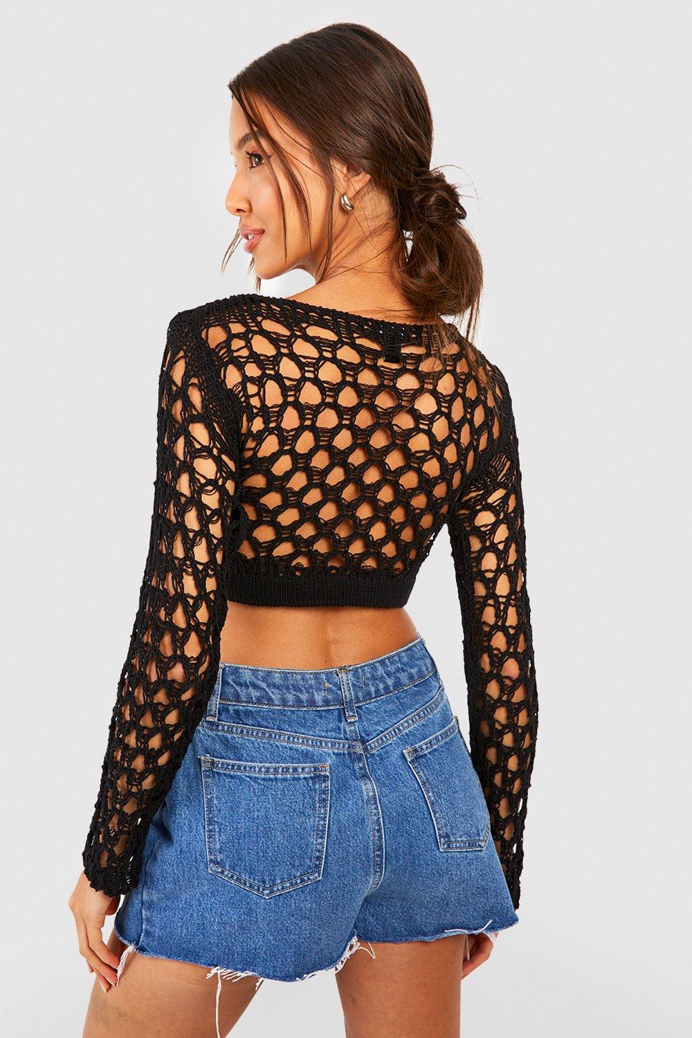 Black crochet long sleeve top