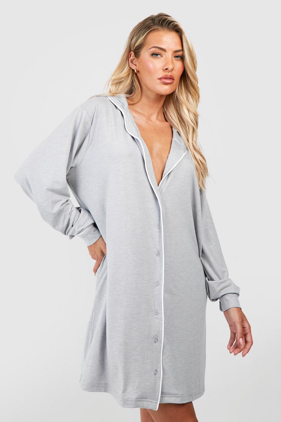 Grey marl Button Through Jersey Knit Night Shirt Dress