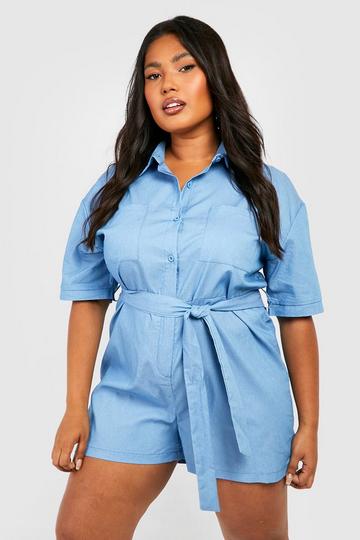 Plus Short Sleeve Chambray Playsuit light blue