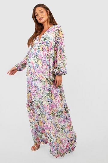 Maternity Floral Dobby Mesh Ruffle Midi Dress multi